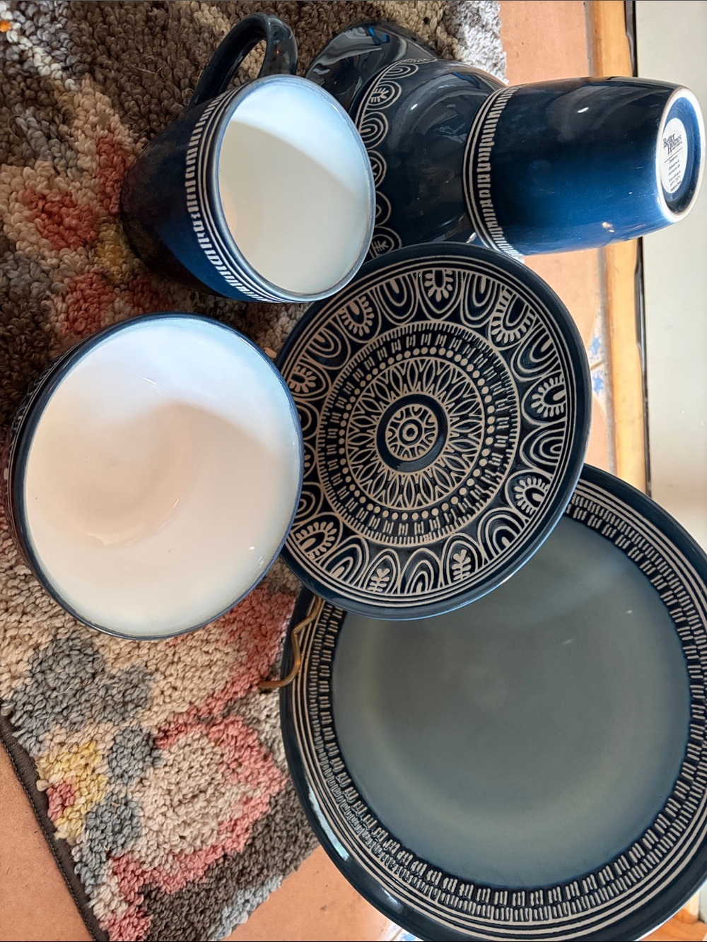 Blue stoneware Dinnerware Set with White Interior - complete service for 10